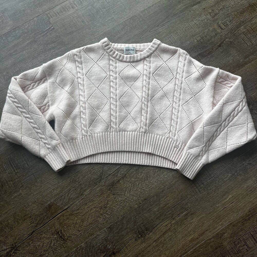 Sunday Best Aritzia Sweater Womens XS Light Pink Cable Knit Merino Wool Crop